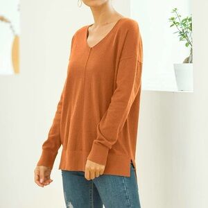@merci Tunic Sweater Hi Low Cognac Brown V-Neck Dolman Sleeve M Relaxed Easy